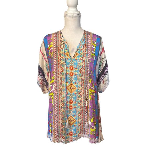 Johnny Was Multicolor Dolman Sleeve Tunic Eyelet Trim, Rayon Small - Picture 1 of 11